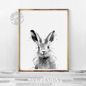 Impresión de conejito en blanco y negro, impresión de acuarela de conejo, pintura de acuarela, arte de pared de animales de vivero, arte de animales del bosque, impresión de trasero de conejo