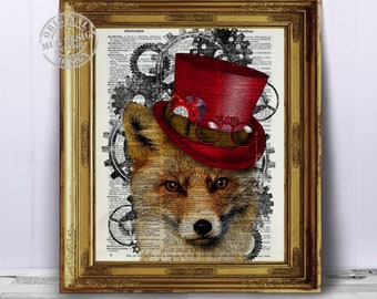 Fox Dandy Dictionary Art Print, Red Fox Illustration Dictionary Page Book Art Print, Steampunk Art on Original Book Page, Fox Print, Fox Art