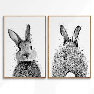 Conjunto de impresión de conejo, pintura de acuarela de conejo, arte de pared de animales de guardería, arte de animales del bosque, impresiones de cola de conejo, decoración de habitaciones para niños, arte de conejo