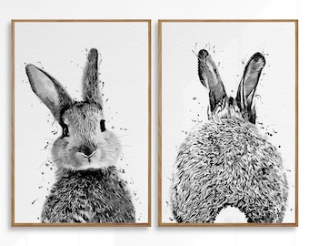 Conjunto de impresión de conejo, pintura de acuarela de conejo, arte de pared de animales de guardería, arte de animales del bosque, impresiones de cola de conejo, decoración de habitaciones para niños, arte de conejo
