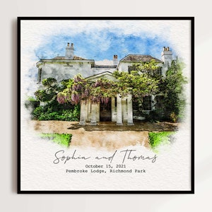 Hochzeitsort Portrait Aquarell Skizze | Personalisiertes Hochzeitsgeschenk für das Paar | Personalisiertes Portrait vom Foto
