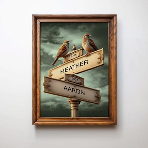 Arte personalizzata per cartelli stradali vintage, nomi e date personalizzati, anniversario romantico, regalo di nozze per coppie, decorazione da parete con piccioncini