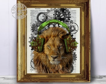 Lion Dictionary with Headphones Art Print, Illustration Dictionary Page Book Art Print, Vintage Dictionary Pages Book Print, Steampunk Print