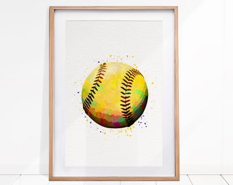 Softball Ball Art, Softball Print, Softball Watercolor Painting, Sport Watercolor, Sport Wall Art, Softball Prints, Softball Wall Art Decor
