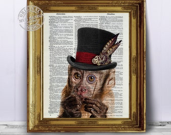 Monkey Print, Funny Animal Wall Art, Funky Nursery Art, Monkey Wall Art, Kids Room Decor, Animal Wall Art Book Prints, Steampunk Art Print