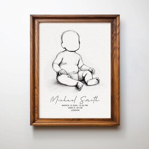Personalisierte Baby Skizze Portrait, benutzerdefinierte Geburt Stats Kunstdruck, Neugeborenen Andenken Geschenk, minimalistische Baby Illustration, Geburtsanzeige Kunst