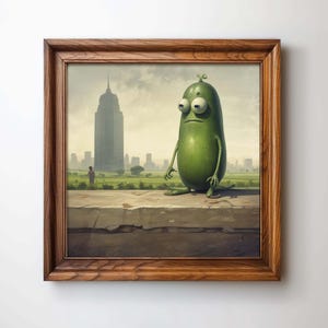 Traurige Gurke in der Stadt Gemälde, lustige Wandkunst, quadratischer Kunstdruck, ästhetisches Küchenkunst-Dekor, Vintage-Food-Poster, Bar Retro quadratische Kunst