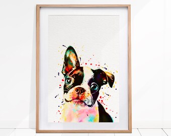 Boston Terrier Print, Dog Watercolor Print, Dog Painting, Boston Terrier Decor, Dog Nursery Decor, Dog Wall Art, Boston Terrier Watercolor