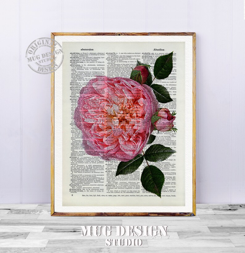 Flower Pink Rose Dictionary Art Print Vintage Book Page Etsy