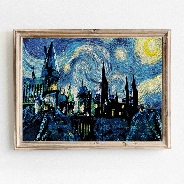 Starry Night Wizard Castle | Magic School | The Starry Night Van Gogh Parody Poster Art Print | Halloween Wall Art | Gothic Painting