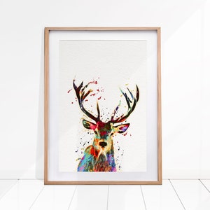 Impresión de pintura de acuarela de ciervo, impresión de ciervo, cabeza y astas de ciervo, impresión de acuarela, arte de pared grande, arte de pared de ciervo, ilustración de animales, arte
