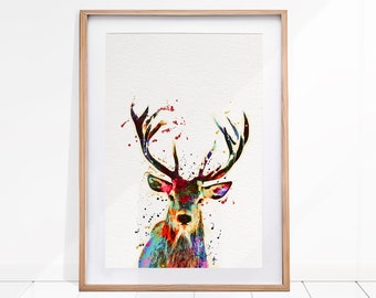 Deer Watercolor Painting Print, Deer Print, Deer Head and Antlers, Watercolor Print, Large Wall Art, Deer Wall Art, Animal Illustration, Art