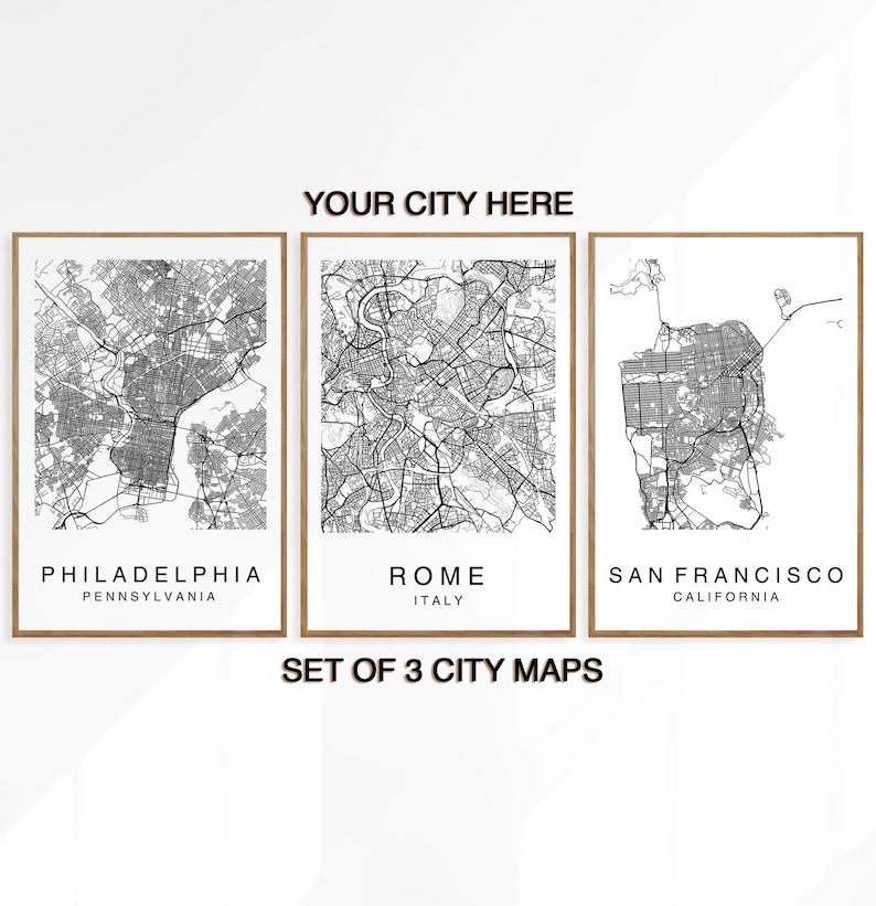 Custom Map Poster Map Print Custom City Print Custom City Map Art Streets Map Minimalist Decor Custom Map Set of 3 Prints Map Print