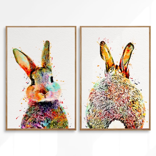 Bunny Print Set, Rabbit Print, Watercolor Painting, Nursery Animal Wall Art, Woodland Animals Art, Rabbit Butt Tail Prints, Kids Room Decor