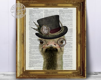 Ostrich with Hat and Monocle Upcycled Dictionary Page Book Art Print, Ostrich Steampunk Art Print, Bird Wall Art Book Prints, Ostrich Decor