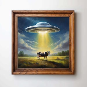 Lebendige UFO Begegnung Bunt, quadratische Kunst UFO Retro Poster, UFO-Entführung Kunst, lustige Kuh-Druck, Alien-Druck, Vintage Ufo-Alien-Wandkunst