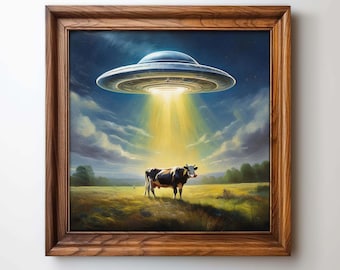 Vibrant UFO Encounter Colorful, Square Art UFO Retro Poster, UFO Abduction Art, Funny Cow Print, Alien Print, Vintage Ufo Alien Wall Art