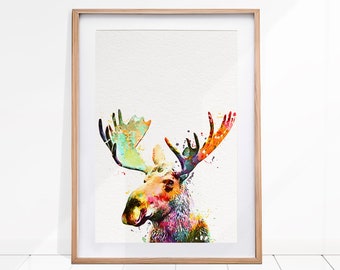 Moose Watercolor Nature Print, Moose Art, Moose Painting, Moose Print, Abstract Moose, Watercolor Illustration, Nursery Kids Room Art Print