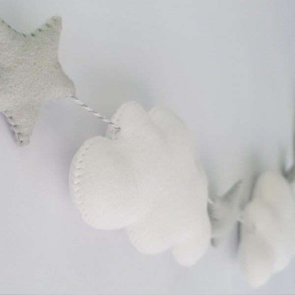 White and silver grey Cloud and star nursery felt Garland, Nursery banner, new baby gift, Nursery bunting, baby bunting, baby gift