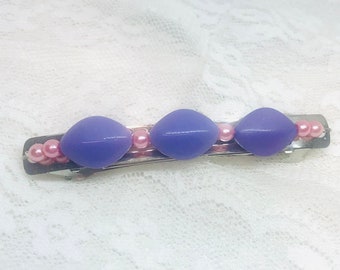 Pink and Purple Beaded Barrette: Silver French Hair Clip