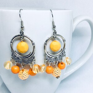 Silver and Orange Chandelier Earrings, Women’s Boho Earrings, Orange Dangle Earrings, Jewelry Gift for Women, Elegant Earrings for Her