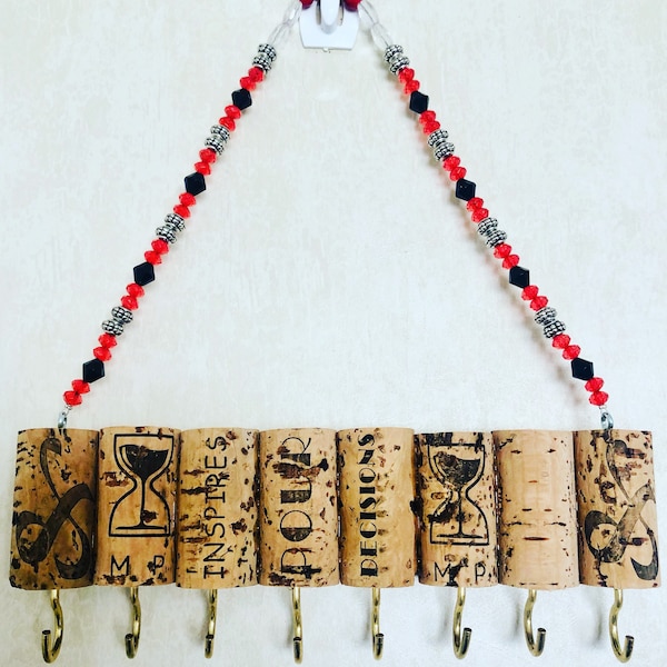 Black and Red Beaded Jewelry Hanger, Hanging Jewelry Holder, Wine Cork Jewelry Hanger, Wall Hanger for Jewelry, Wine Cork Jewelry Storage