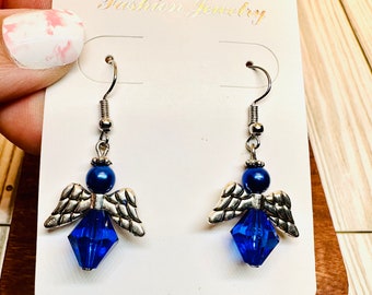 Royal Blue Angel Earrings: Bereavement Gift, Nickel-Free Silver