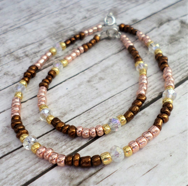 Small Bead Jewelry Seed Bead Anklet Jewelry Set Seed Bead Bracelet Seed Bead Jewelry Gold and Brown Jewelry Bracelet and Anklet Set