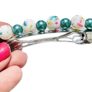Teal Beaded French Barrette: Silver Hair Accessory