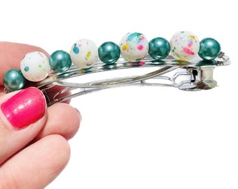 Teal Beaded French Barrette: Silver Hair Accessory