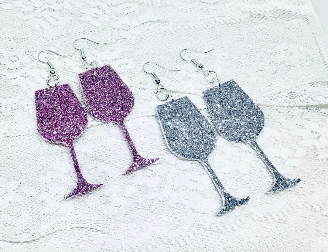 Silver Glitter Wine Glass Earrings, Pink Glitter Wine Glass Earrings