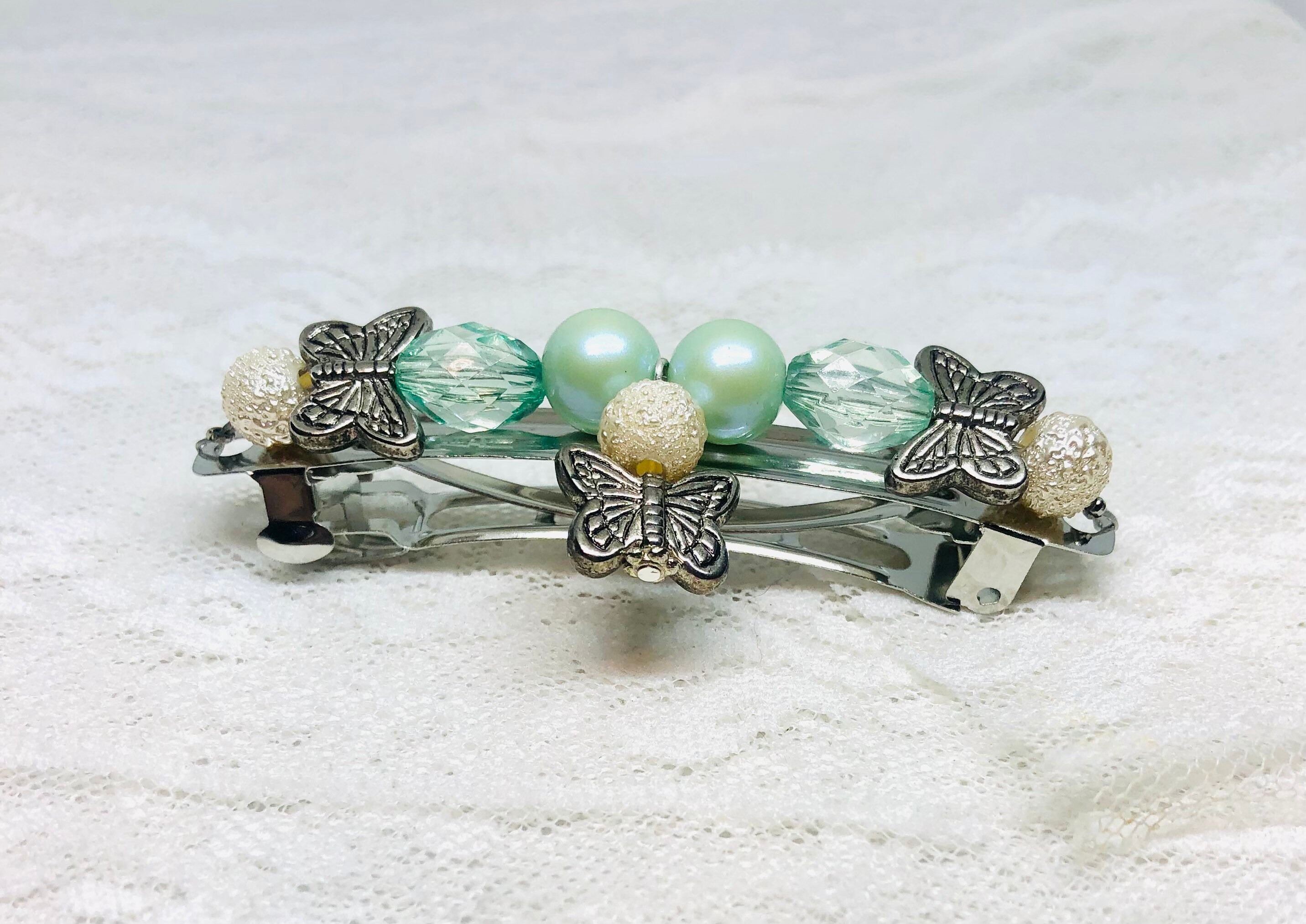 Vintage Large Beaded Butterfly Barrette Blue Teal Handmade Made  in France Teal Beaded Butterfly Barrette: Silver French Hair Clip - Etsy main image 3