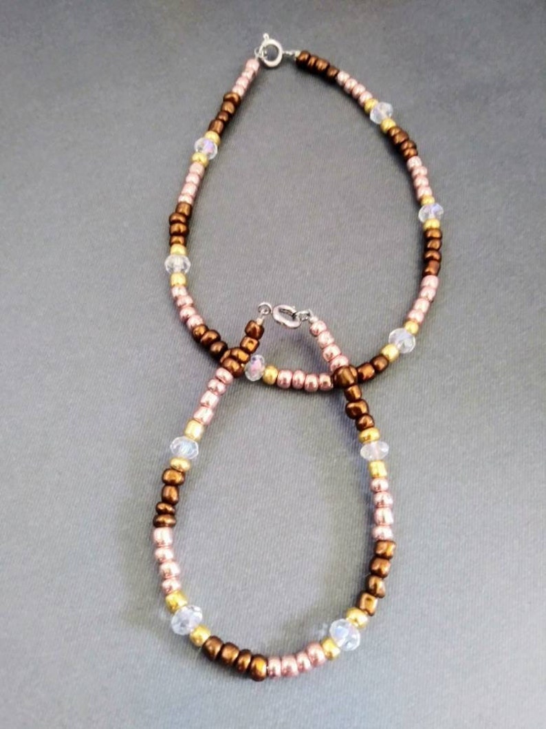 Small Bead Jewelry Seed Bead Anklet Jewelry Set Seed Bead Bracelet Seed Bead Jewelry Gold and Brown Jewelry Bracelet and Anklet Set