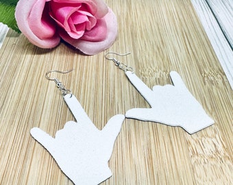 I Love You Sign Language Earrings, Sign Language Earrings, Sign Language Gifts, I Love You, Faux Leather Earrings Handmade, White Earrings