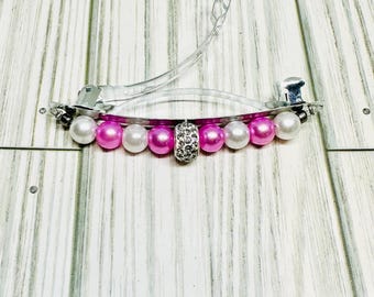 Pink Beaded French Barrette: Silver Hair Accessory