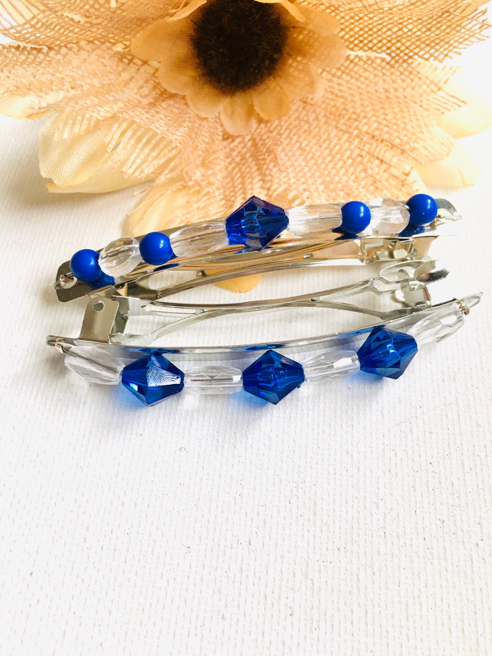 Women's Barrettes, Blue Beaded Barrettes, Silver and Blue Barrettes