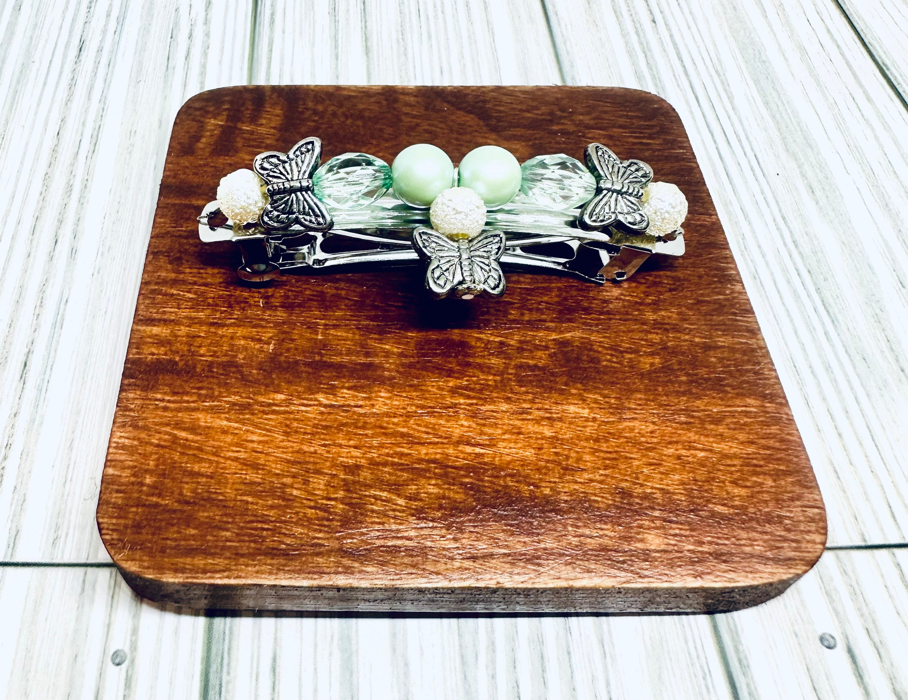 Teal Beaded Butterfly Barrette: Silver French Hair Clip - Etsy