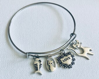 Cat Charm Bracelet, Silver Bangle Charm Bracelet, Cat Bangle Bracelet, Cat Jewelry, Cat Bracelets, Bangle Charm, Crazy Cat Lady Gifts