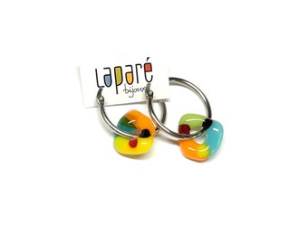 Fusion glass earrings with rings, multicolored!