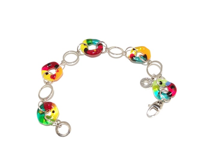 Multicolored fusion glass and stainless steel bracelet, pretty colorful jewel