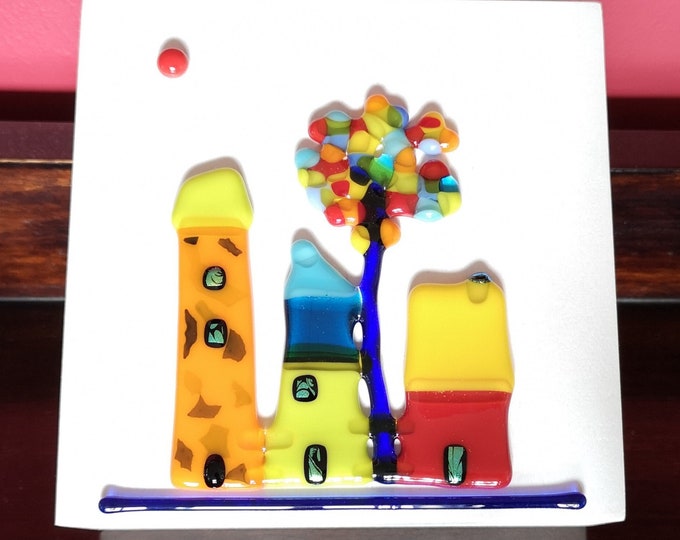 Wooden frame and fused glass, all in color, Pretty village!