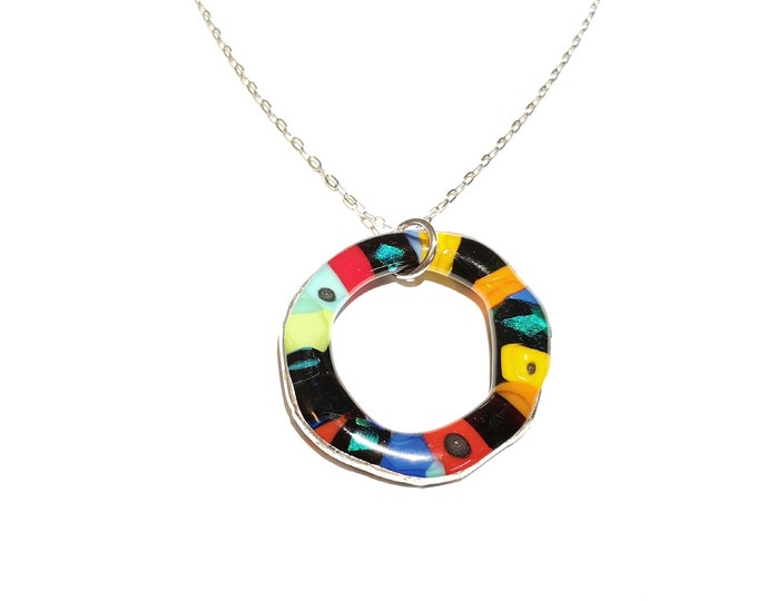 Tin contour fusion glass pendant necklace, colorful jewel candy collection