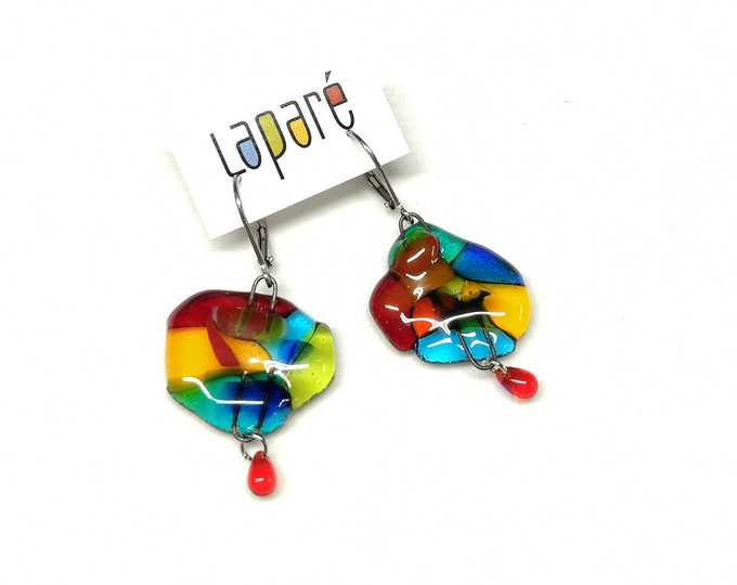 Glass earrings, multicolored mosaic, happy