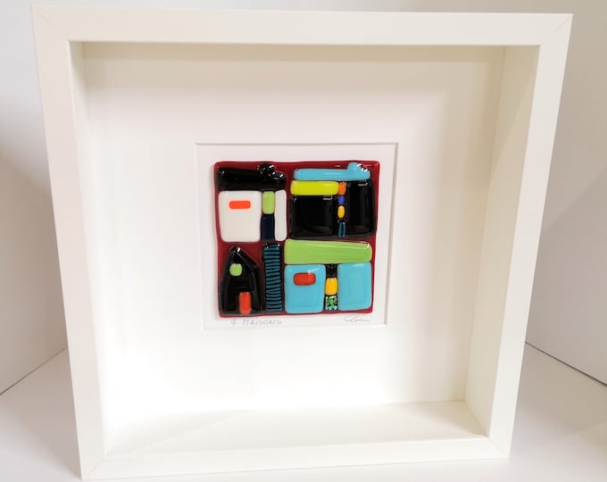 White wooden frame and fused glass all in color, wall decoration, 4 houses