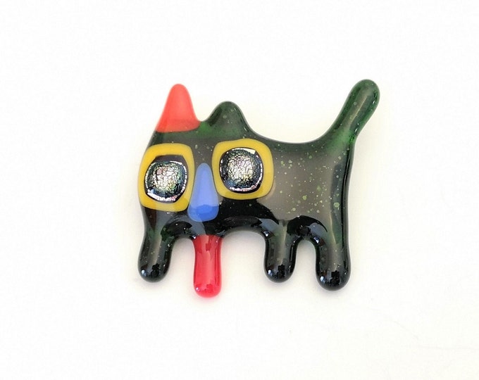 Fused Glass Cat Brooch, Colorful Lapel Pin, Gift