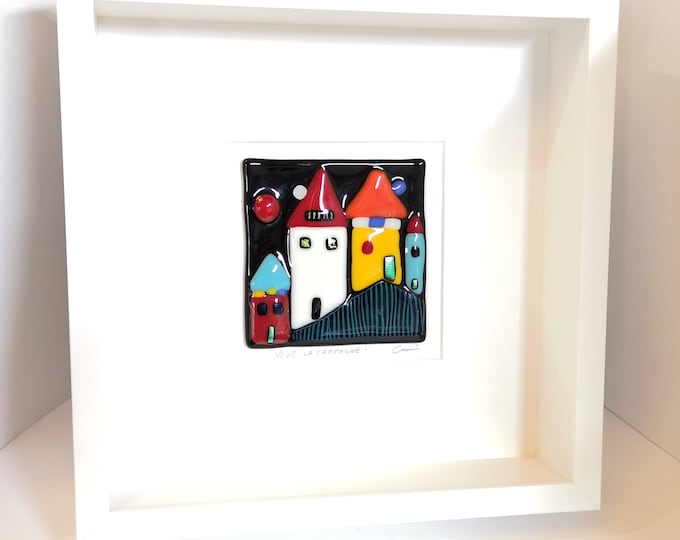 White wooden frame and fused glass all in color, wall decoration, Long live the countryside