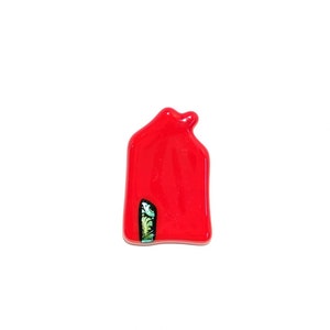 Red house brooch of fused glass lapel pin, colorful, vibrant, gift