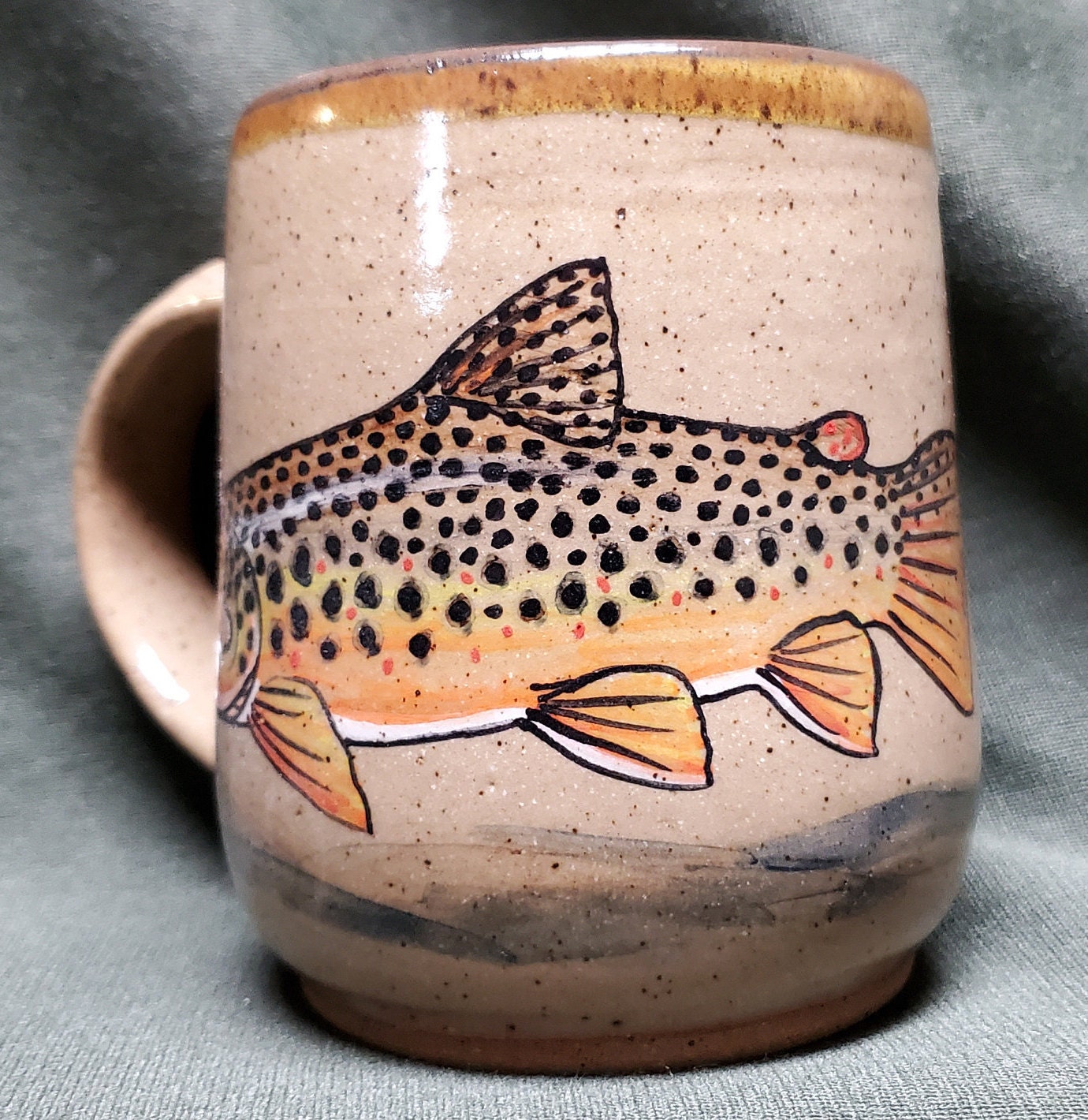 Stoneware Coffee Mug Brown Trout Scene Etsy