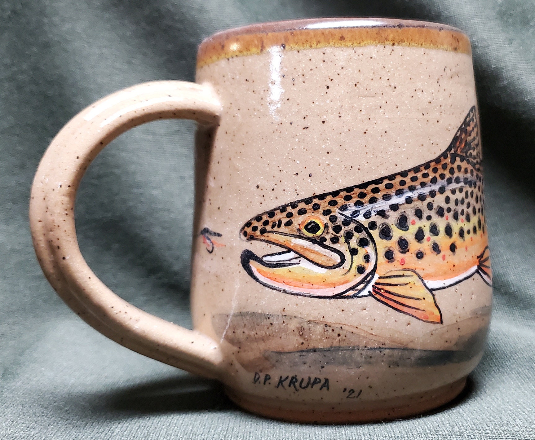 Stoneware Coffee Mug Brown Trout Scene Etsy