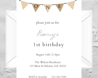 First Birthday Party Invitation | Minimal Neutral | Instant Digital Download | Editable Canva Template